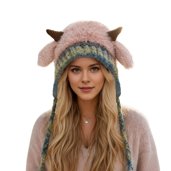 Bainana Winter Hat For Women Color Block Stretchy Earflap Santa Hats With Deer Fashion Warm Women Outdoor Headwear Pink
