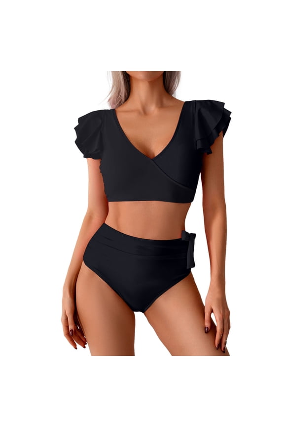 Women 2 Pieces Bikini Set Sexy Split High Waist Bikini Deep V Neck Ruffled Sleeve Set Female Relaxed Fit Summer Beach Vacation Swimsuit Black Size Xxl