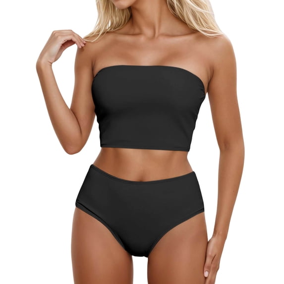 Bainana Women 2 Pieces Bikini Set Solid Color Strapless Off Shoulder Tube Tops And High Waisted Bottom Slit Swimsuit Female Comfortable Summer Hawaii Swim Wear Black Size L