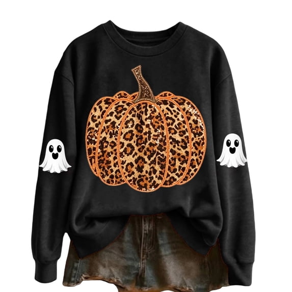 Bainana Women'S Halloween Sweatshirts Leopard Pumpkin Graphic Pullover Shirt Trendy Theme Party Sweatshirts Black L
