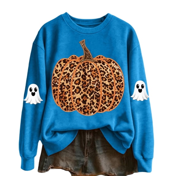 Bainana Women'S Halloween Sweatshirts Leopard Pumpkin Graphic Pullover Shirt Trendy Theme Party Sweatshirts Blue XL
