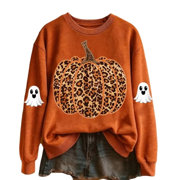 Bainana Women'S Halloween Sweatshirts Leopard Pumpkin Graphic Pullover Shirt Trendy Theme Party Sweatshirts Orange S
