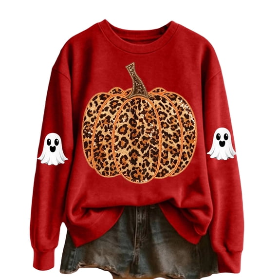 Bainana Women'S Halloween Sweatshirts Leopard Pumpkin Graphic Pullover Shirt Trendy Theme Party Sweatshirts Red M