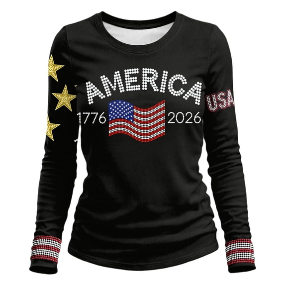 Bainana Women'S Summer Shirts 250Th Anniversary Print Long Sleeve Crew Neck T Shirt Comfortable Fashion Ladies Festival Relaxed Fit Daily Wear Black Size S