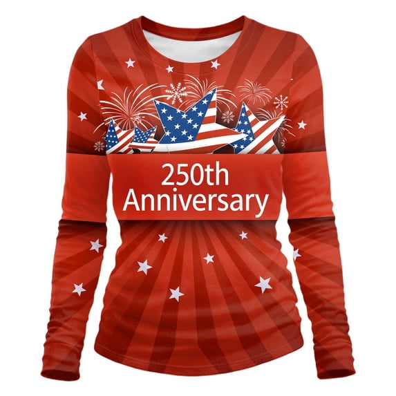 Bainana Women'S Summer Shirts 250Th Anniversary Print Long Sleeve Crew Neck T Shirt Comfortable Fashion Ladies Festival Relaxed Fit Daily Wear Red Size L