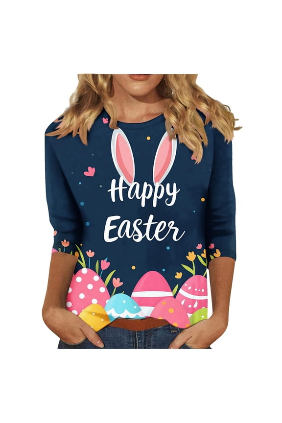 Women's Easter T-Shirt Fashion Cartoon Printed Casual 3/4 Sleeve Round Neck T Shirt Top Ladies Festival Modern Fit Tee Multicolour Size M