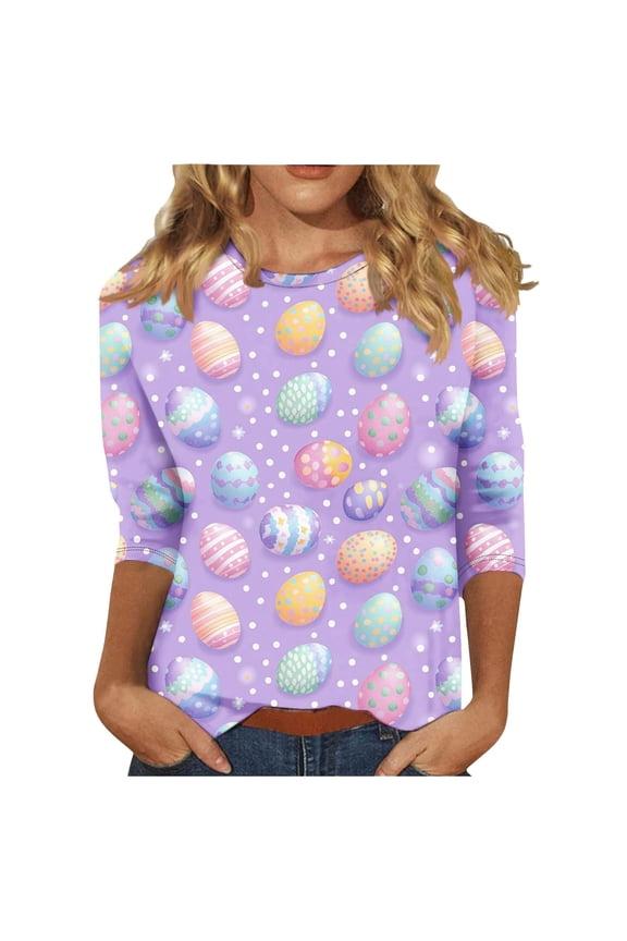 Women's Easter T-Shirt Fashion Egg Printed Casual 3/4 Sleeve Round Neck T Shirt Top Ladies Festival Cozy Soft Tshirts Multicolour Size Xxl
