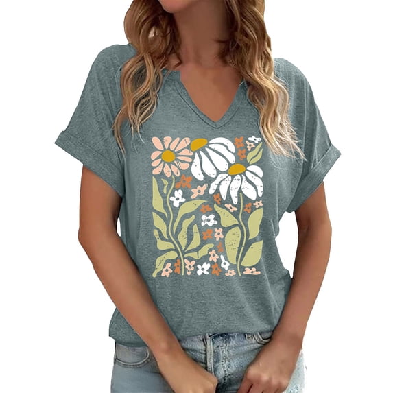 Bainana Women's Summer T Shirt Flower Print Short Sleeve V Neck Tops Lightweight Leisure Ladies Work Street Party Casual Wear Mint Green Size Xl
