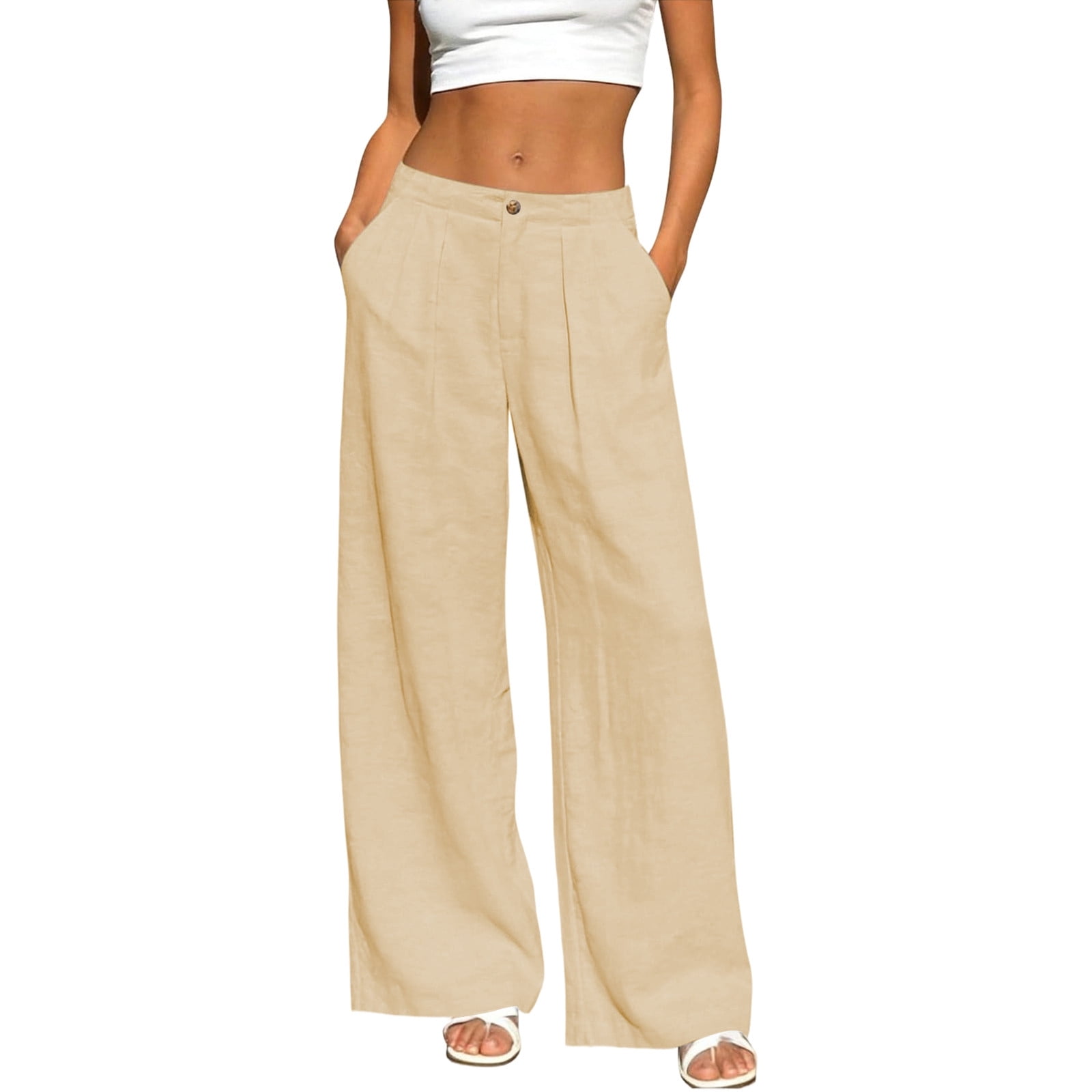 Bainana Womens Breathable Wide Leg Linen Pants Solid Color High Waisted ...