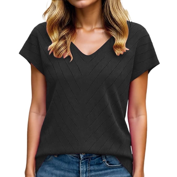 Bainana Womens Shirts Solid Color Short Sleeve V Neck Top Stylish Comfort Fit Women'S School Work Summer T-Shirts Black Size Xl