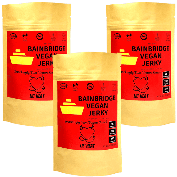 Bainbridge Vegan Jerky - Lil' Heat, 28 Grams of Vegan Protein, All Natural, Non-GMO, Gluten Free Vegan Snacks / Vegetarian Jerky, 3 oz (Pack of 3)