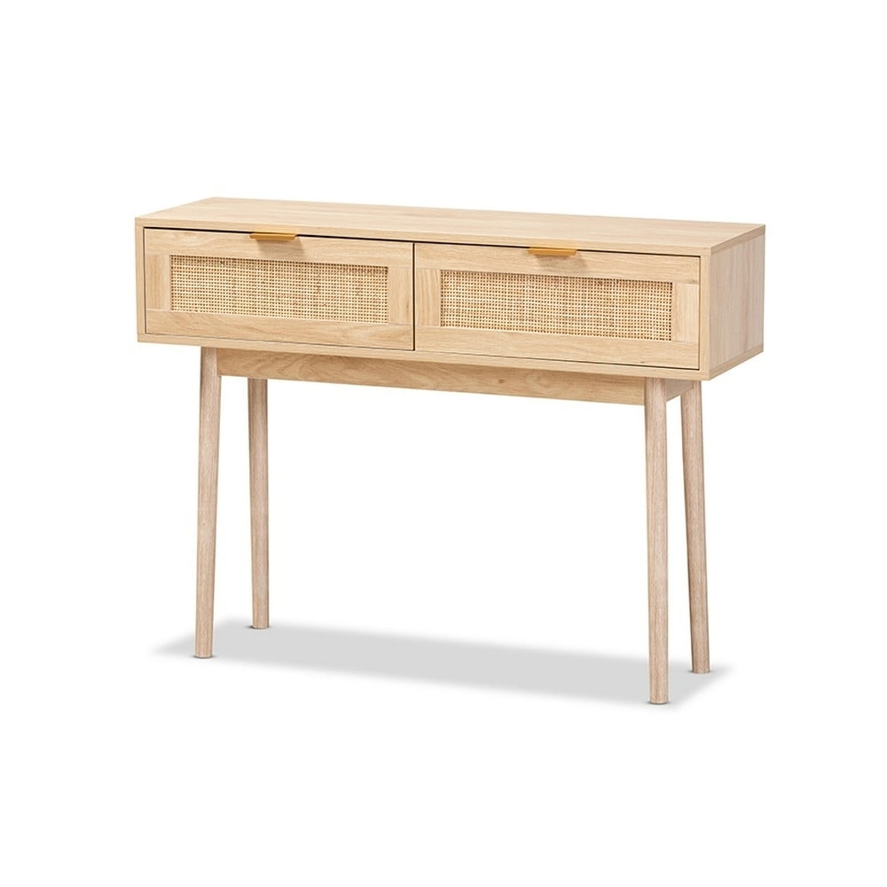 Light Oak Brown Wood and Rattan 2-Drawer Console Table