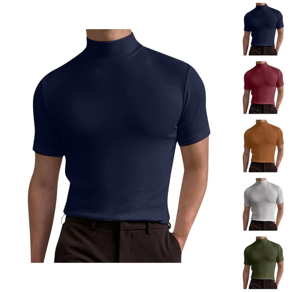 Baisc Turtleneck T Shirts for Man Short Sleeve Casual Slim Fit Undershirt Pullover Tops