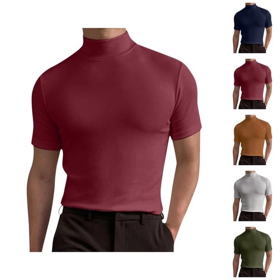 Baisc Turtleneck T Shirts for Man Short Sleeve Casual Slim Fit Undershirt Pullover Tops