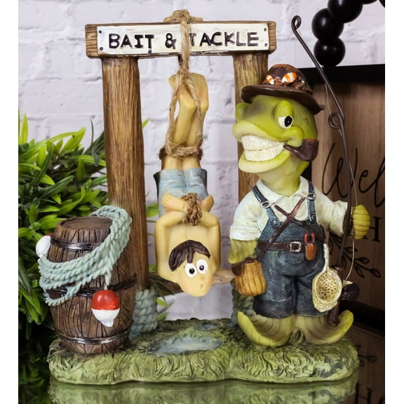 Bait And Tackle Wharf Sea Bass Fish With Fishing Pole Tied Up Fisherman Figurine