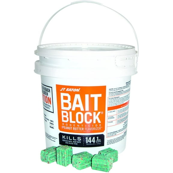 JT Eaton 166004 709-PN Bait Block Rodenticide Anticoagulant Bait, Peanut Butter Flavor, for Mice and Rats 9 lb Pail of 144, Green