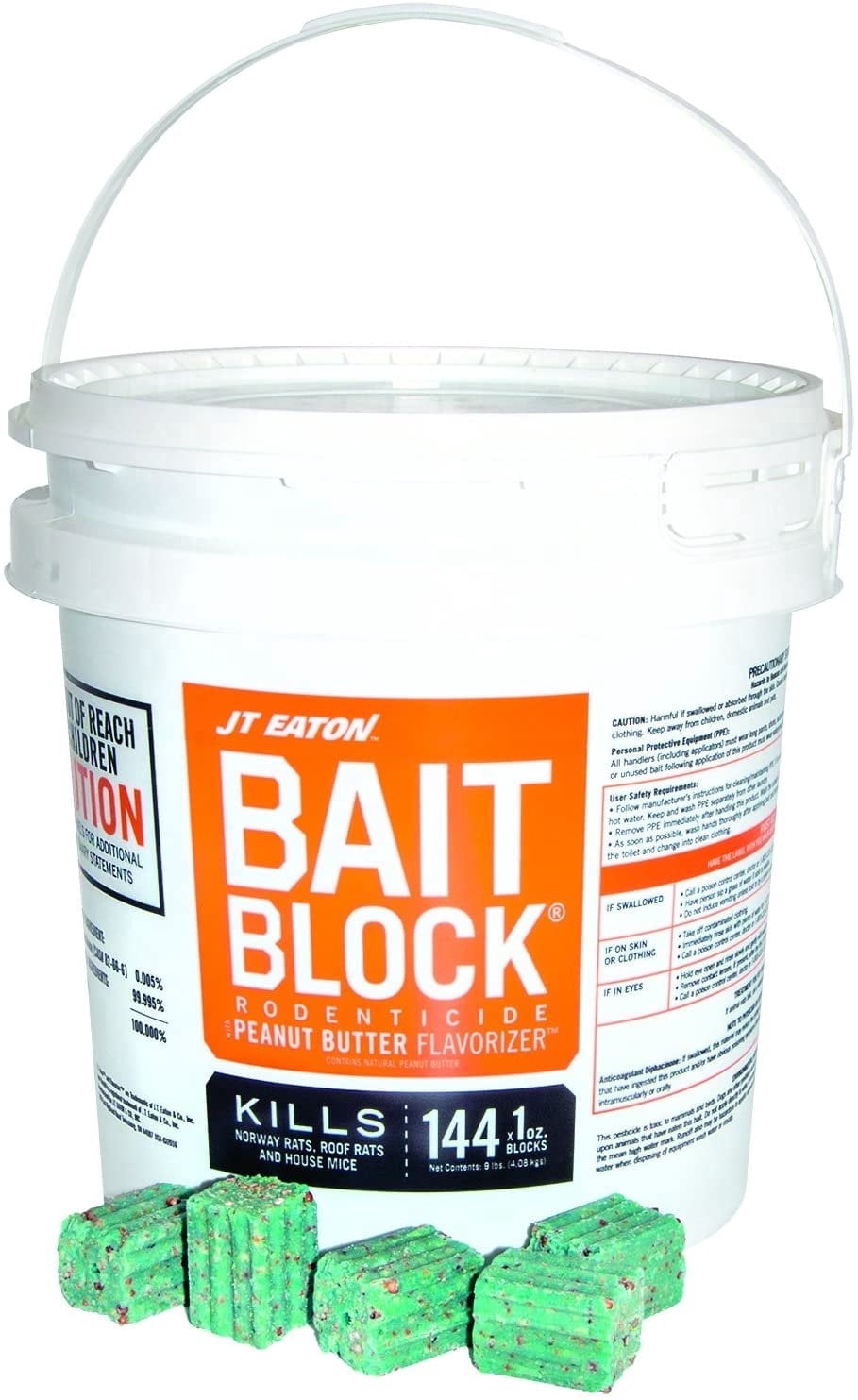 JT Eaton 166004 709-PN Bait Block Rodenticide Anticoagulant Bait, Peanut Butter Flavor, for Mice and Rats 9 lb Pail of 144, Green