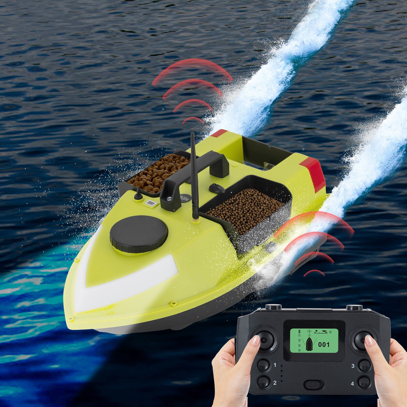 Bait Boat for Surf Fishing With Seven-color Adjustable Light Strip Green ABS Fishing Bait Boat, RC Fishing Boat
