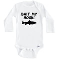 thumbnail image 1 of Bait My Hook Funny Fishing One Piece Baby Bodysuit (Long Sleeve), 0-3 Months White, 1 of 1