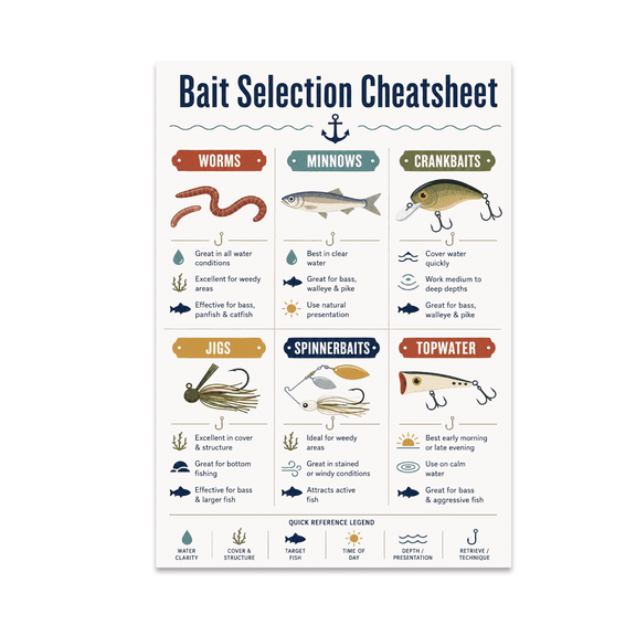 Bait Selection Cheatsheet Wall Chart - Fishing Enthusiast - 13x19 Poster Print