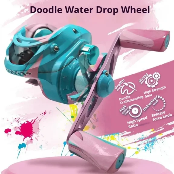 Baitcasting Water Drop Reel, 7.2:1 Magnetic Luya Fishing Reel with Metal Spool, Long Casting, Anti-Backlash & Line Alarm,Colorful Graffiti, Gifts for women
