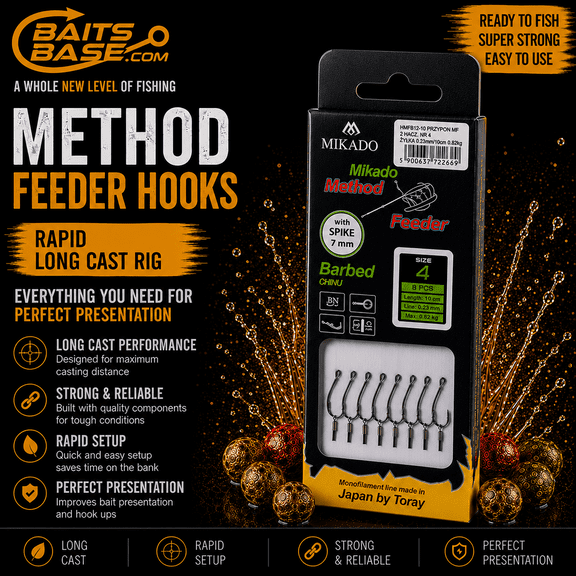 Baits Base Method Feeder Hook Rig Size 4 with 7mm Bait Spike, Barbed Chinu Hook, Ready Tied Hair Rig, Carp Fishing Hooklink, Long Cast Feeder Rig, 8pcs Fishing Hooks