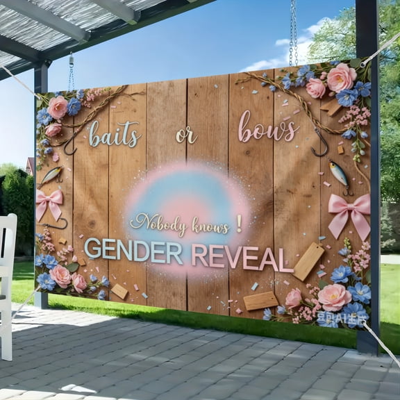 Baits or Bows Nobody Knows Gender Reveal Photo Backdrop Rustic Wooden Board Party Cake Table Banner Decor Photography Background Supplies Photo Props (2) 51*59IN