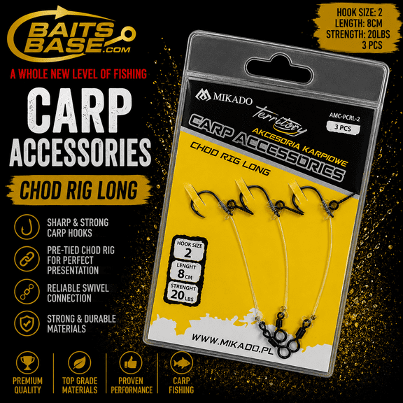 BaitsBase Chod Rig Long Size 2 Ready Tied Carp Fishing Rig 8cm 20lb Hooklink with Swivel, Pre-Tied Hair Rig, 3PCS