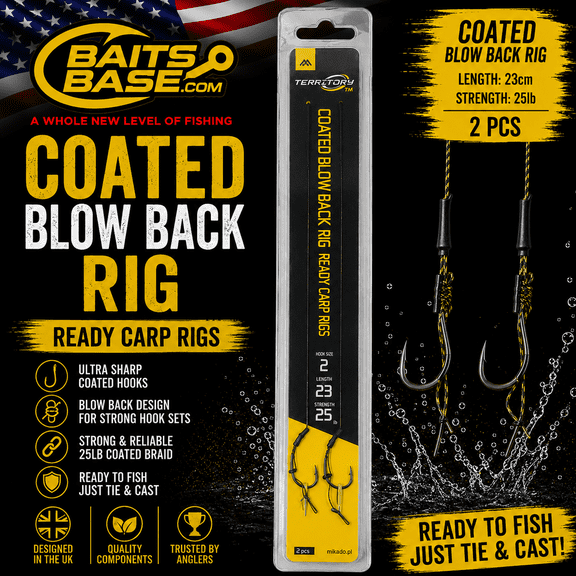 BaitsBase Coated Blow Back Rig Size 2 Ready Tied Carp Fishing Rig 25lb Coated Braid, 23cm Hooklink, 2PCS