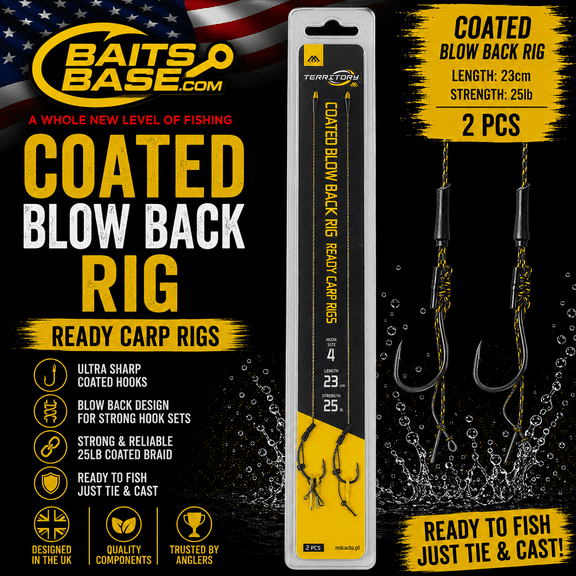 BaitsBase Coated Blow Back Rig Size 4 Ready Tied Carp Fishing Rig 25lb Coated Braid, 23cm Hooklink, 2PCS