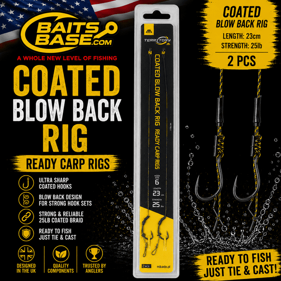 BaitsBase Coated Blow Back Rig Size 6  Ready Tied Carp Fishing Rig 25lb Coated Braid, 23cm Hooklink, 2PCS