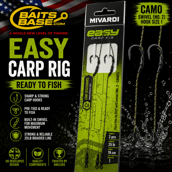 BaitsBase Easy Carp Rig Size 1 Ready Tied Carp Fishing Rig 25lb Braided Hooklink 19cm with Swivel No.2, Camo Hooklink, 2PCS
