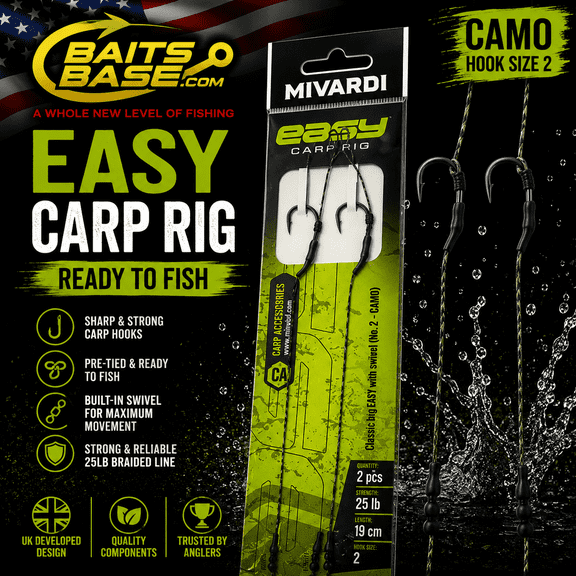 BaitsBase Easy Carp Rig Size 2 Ready Tied Carp Fishing Rig 25lb Braided Hooklink 19cm with Swivel, Camo Hooklink, 2PCS