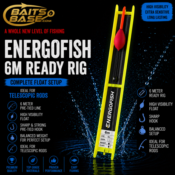 BaitsBase EnergoFish 6m Ready Float Rig Pre-Tied Telescopic Fishing Rig, High Visibility Float, Balanced Weight System, Sharp Hook, Freshwater Carp Fishing Setup