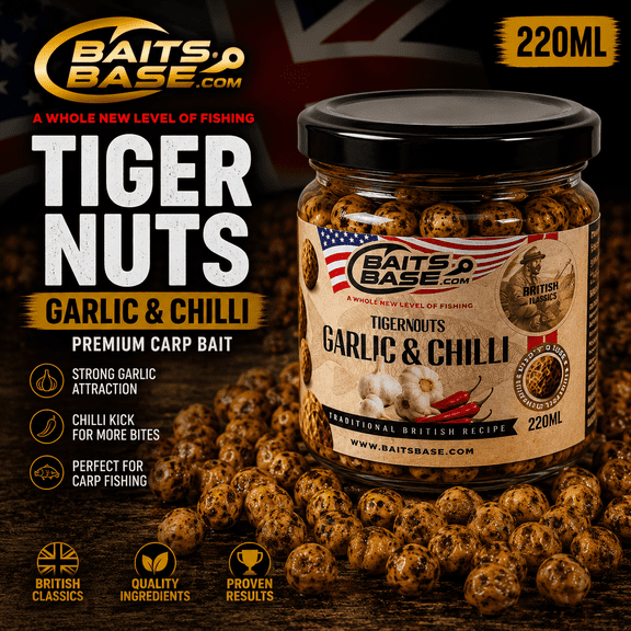 BaitsBase Garlic & Chilli Tigernuts Carp Fishing Bait 220ml Prepared Particle Bait for Carp, Grass Carp & Catfish