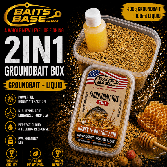 BaitsBase Honey N-Butyric Acid Groundbait Box with Liquid Attractor, Premium Carp Fishing Groundbait Mix, PVA Friendly Method Feeder Bait for Carp Fish, Lake River Canal Fishing Groundbait, 400g Gr