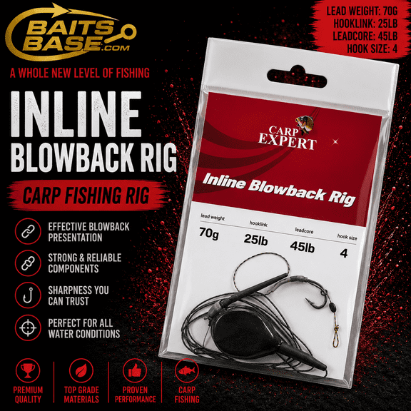 BaitsBase Inline Blowback Rig 70g Ready Carp Fishing Rig 25lb Hooklink, 45lb Leadcore, Size 4 Hook Pre-Tied Terminal Tackle for Carp & Grass Carp Fishing