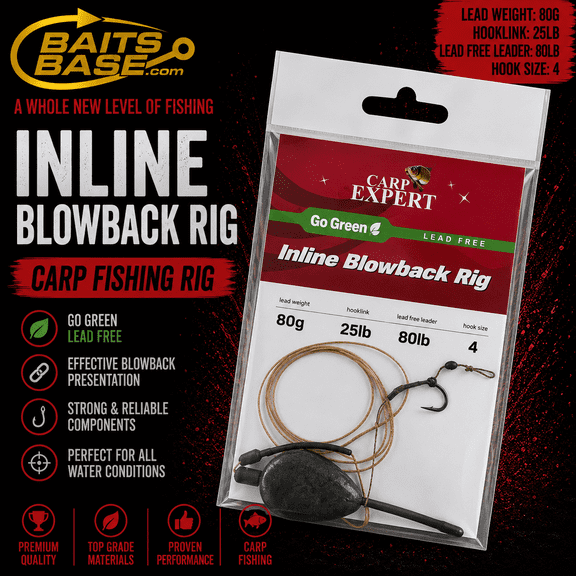 BaitsBase Lead Free Inline Blowback Rig 80g Ready Carp Fishing Rig 25lb Hooklink, 80lb Lead Free Leader, Size 4 Hook Pre-Tied Terminal Tackle for Carp & Grass Carp Fishing