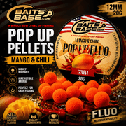 BaitsBase Mango & Chili Pop Up Pellets 12mm 20g   Fluo Floating Carp Fishing Hook Bait, Method Feeder Bait, Corn Based Hookbait