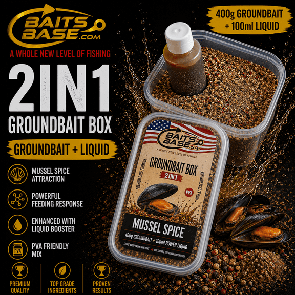 BaitsBase Mussel Spice Groundbait Box with Liquid Attractor, Premium Carp Fishing Groundbait Mix, Mussel Flavor Groundbait for Carp, PVA Friendly Method Feeder Bait, 400g Groundbait + 100ml Liquid