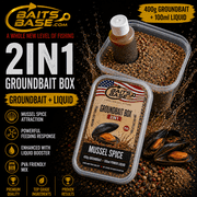 BaitsBase Mussel Spice Groundbait Box with Liquid Attractor, Premium Carp Fishing Groundbait Mix, Mussel Flavor Groundbait for Carp, PVA Friendly Method Feeder Bait, 400g Groundbait + 100ml Liquid