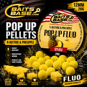 BaitsBase N-Butyric & Pineapple Pop Up Boili 12mm 20g   Fluo Floating Carp Fishing Hook Bait, Method Feeder Bait, Corn Based Pop Ups for Carp, Grass Carp and Freshwater Fishing