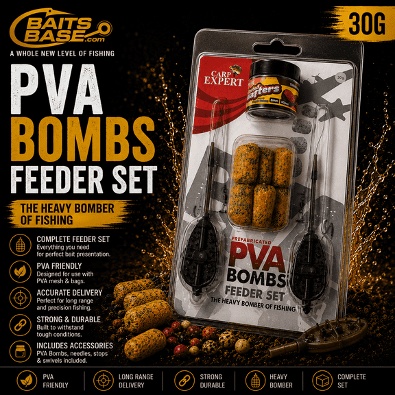 BaitsBase PVA Bombs Feeder Set 30g  Complete PVA Ready Carp Fishing Kit with Coated Wafters, Feeders & Accessories