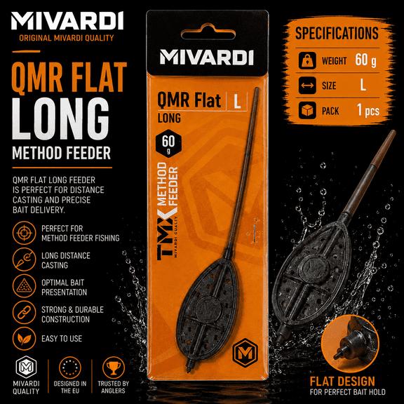 BaitsBase QMR Flat Long Method Feeder 60g Size L Inline Method Feeder Cage for Carp Fishing, Long Distance Casting, Quick Change Feeder Rig