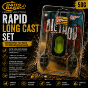 BaitsBase Rapid Long Cast Set 50g   Complete Method Feeder Fishing Kit with Coated Wafters, Bait Mold & Long Distance Feeders