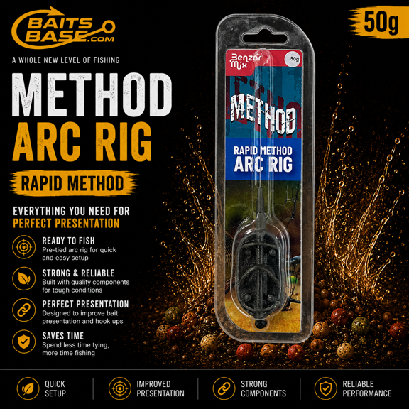 BaitsBase Rapid Method Arc Rig 50g Ready-to-Fish Method Feeder Rig for Carp Fishing, Pre-Tied Arc Rig, Long Distance Method Feeder Setup