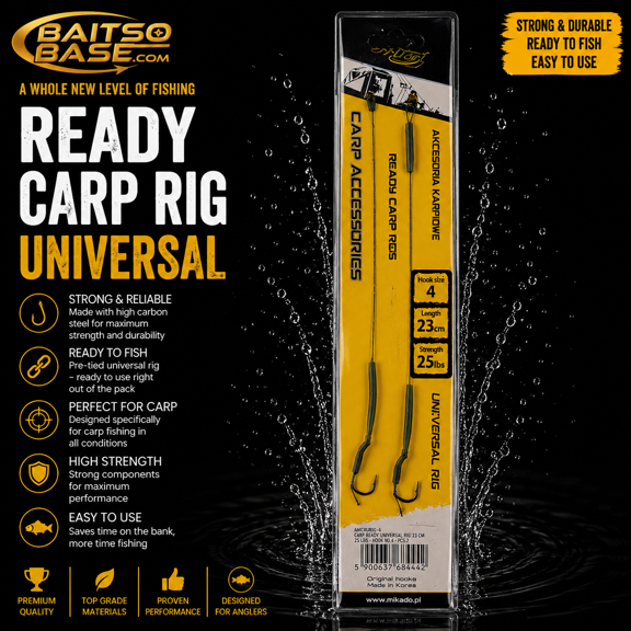 BaitsBase Ready Carp Fishing Rigs Size 4 Universal Pre-Tied Carp Hook Rigs, Hair Rig, 23cm, 25lb, High Carbon Hooks, Carp Terminal Tackle, 2 Pack
