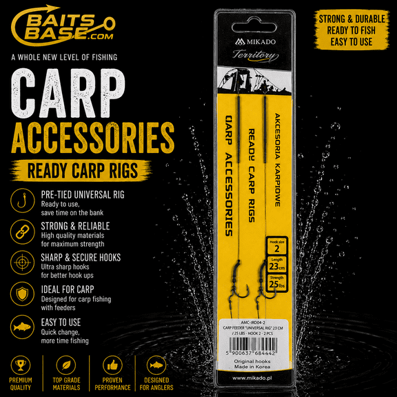 BaitsBase Ready Carp Rigs Universal Rig Pre-Tied Carp Fishing Hook Rig, 23cm, 25lb, Hook Size 2 (2 Pack)