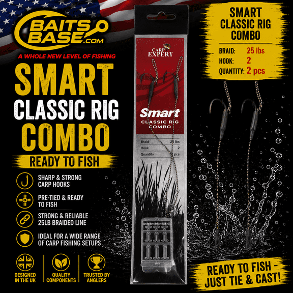 BaitsBase Smart Classic Rig Combo Size 2 Ready Tied Carp Fishing Rig 25lb Braided Hooklink, Pre-Tied Hair Rig, 2PCS