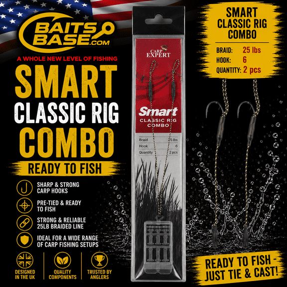 BaitsBase Smart Classic Rig Combo Size 6 Ready Tied Carp Fishing Rig 25lb Braided Hooklink, Pre-Tied Hair Rig, 2PCS